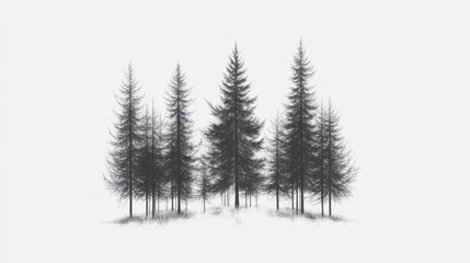 Obraz premium Monochrome drawing of pine trees in a forest, minimalist nature art for design