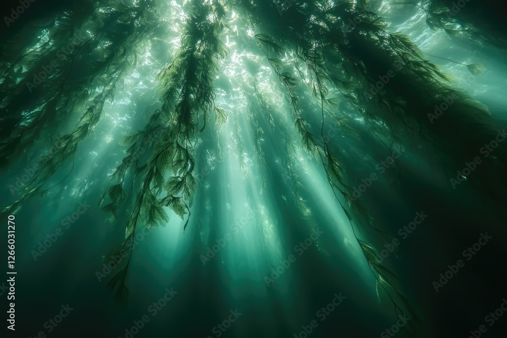 Poster sunbeams pierce through a dense kelp forest, illuminating the underwater world with ethereal light.
