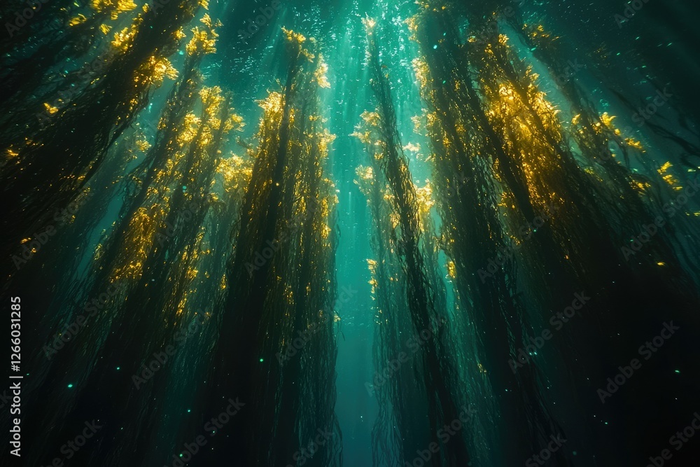 Poster Sunbeams illuminate a dense kelp forest, creating a mesmerizing underwater scene.