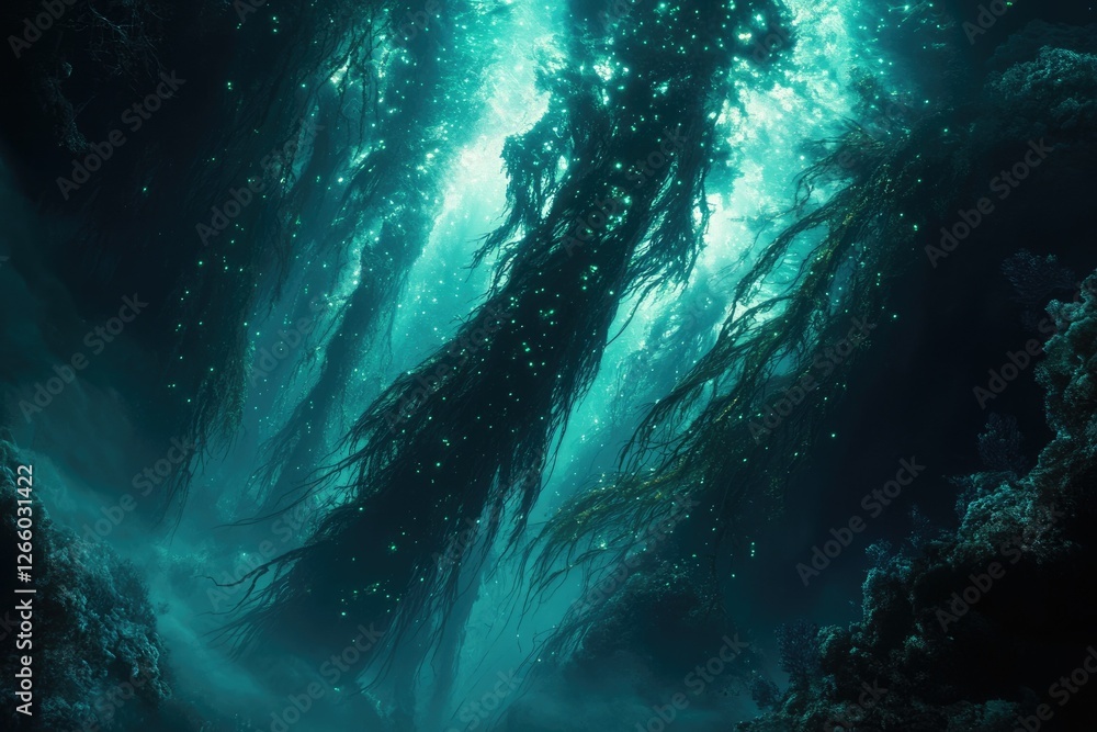 Poster enchanted underwater kelp forest glowing with bioluminescent particles, creating a magical, ethereal