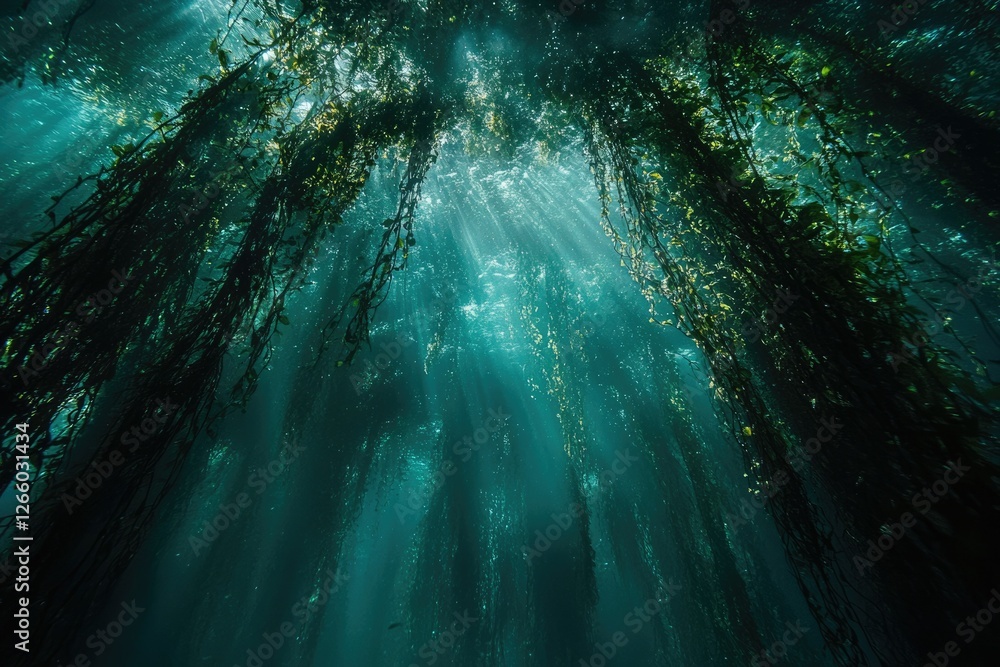Poster Sunbeams illuminate a dense kelp forest, creating a mystical underwater scene.