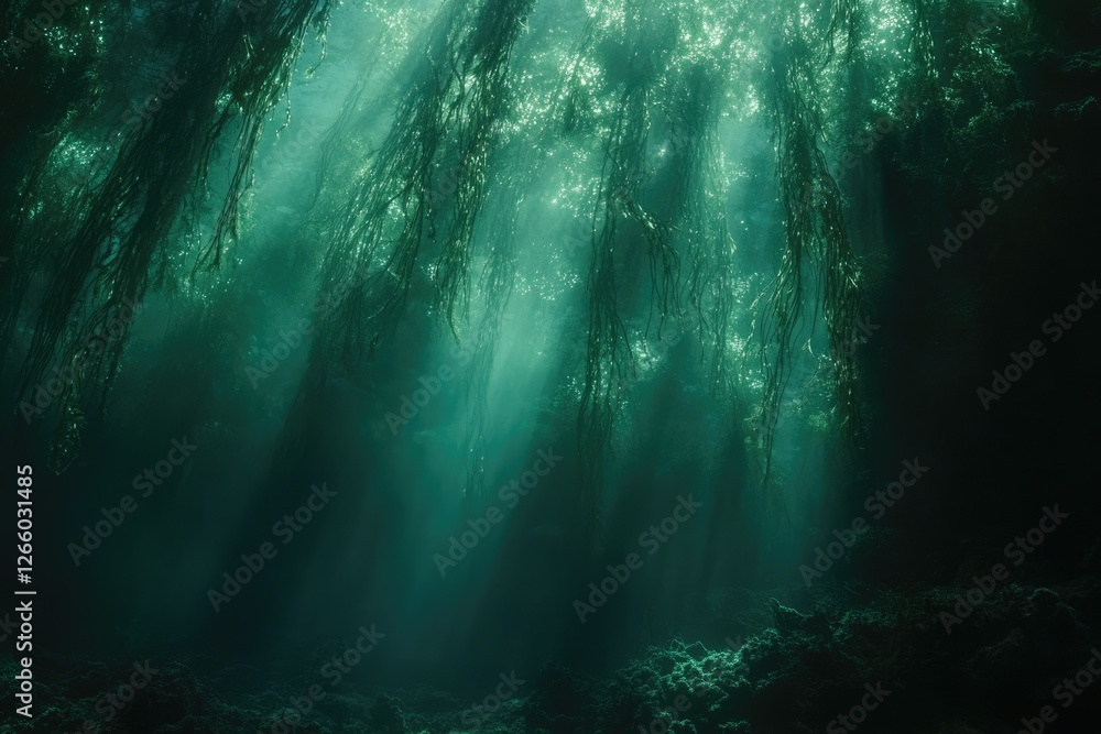 Poster sunbeams penetrate a dark underwater kelp forest, creating an ethereal, mystical scene.