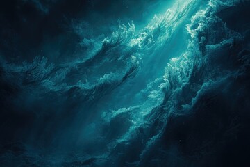 Fototapeta premium Ethereal underwater scene with vibrant teal hues, resembling otherworldly coral formations illuminated from above.