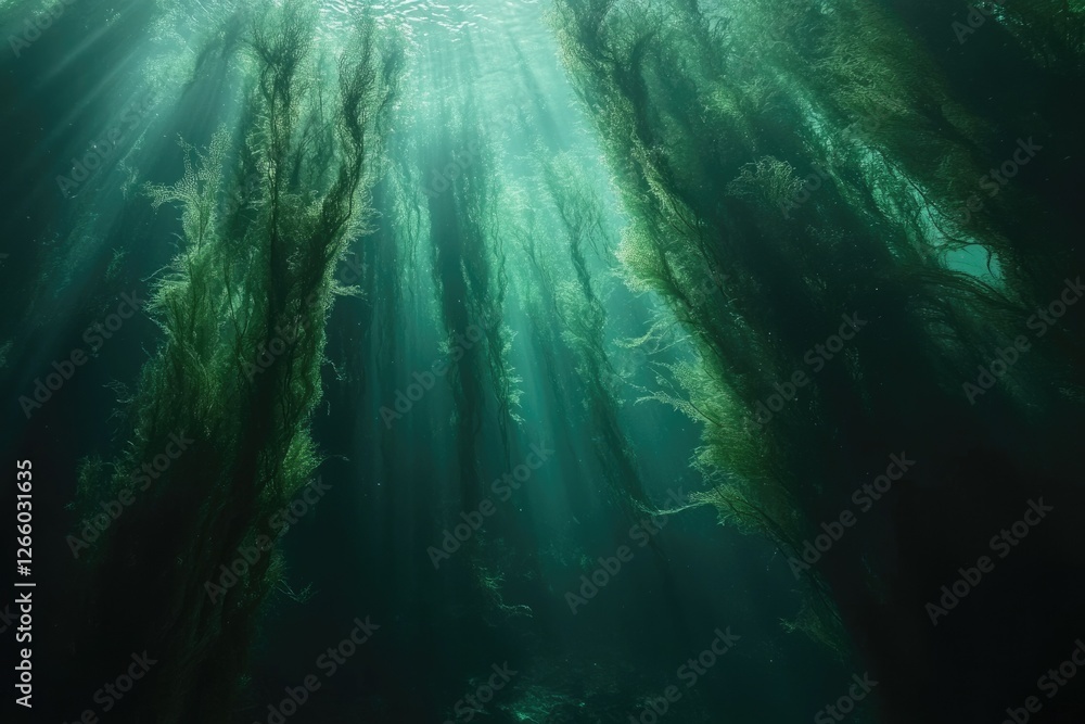 Poster sunbeams illuminate a lush underwater kelp forest, creating a mystical and serene aquatic scene.