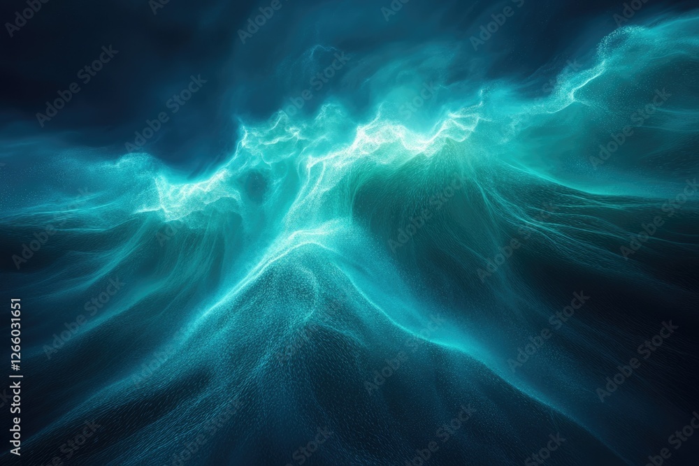 Poster abstract teal waves glowing with light, resembling an ethereal underwater landscape or a digital par