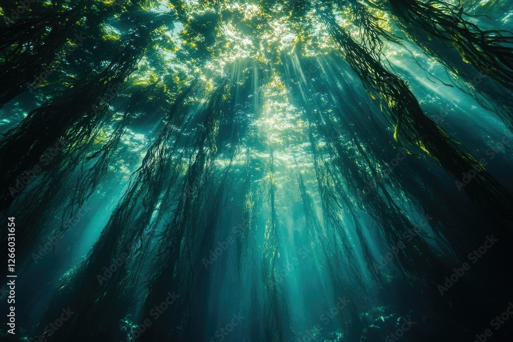 Poster sunbeams illuminate a dense kelp forest, creating a magical underwater scene.