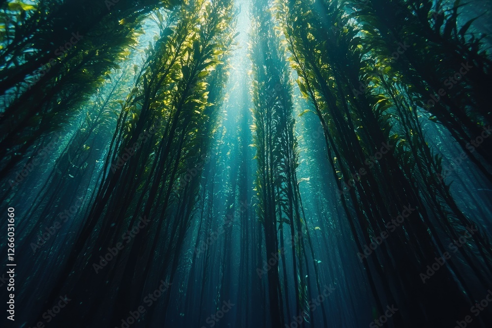 Poster sunlight beams through a dense kelp forest, creating a magical underwater scene.