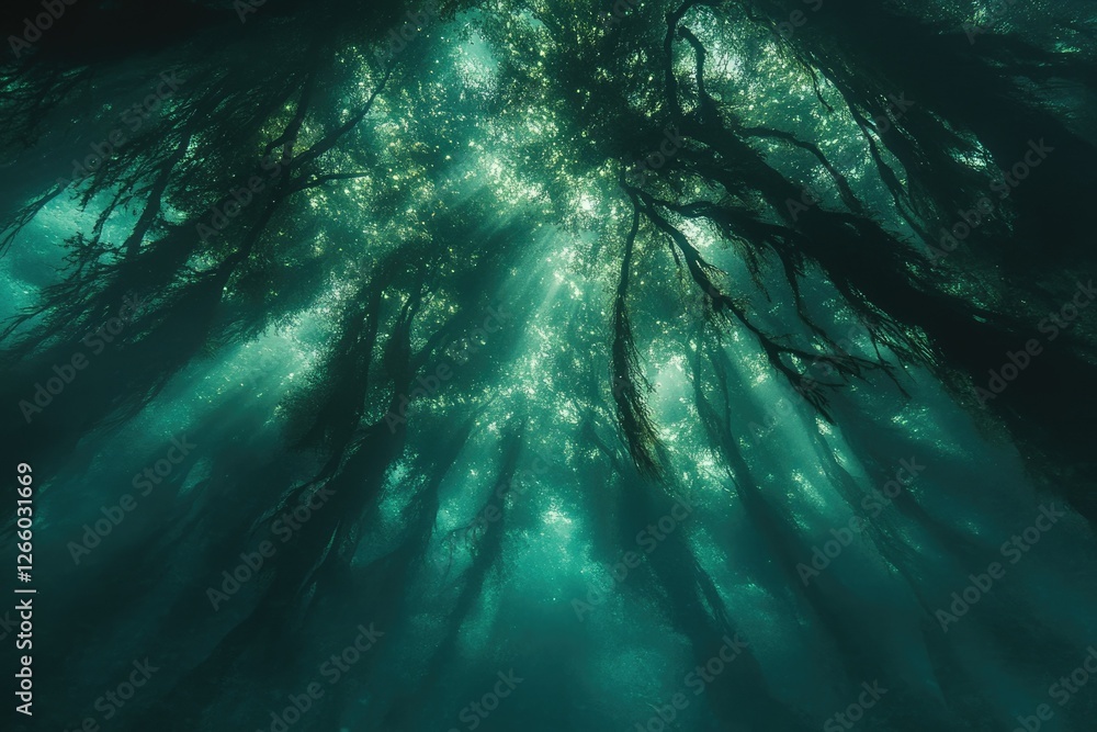 Poster sunbeams pierce through an underwater kelp forest, creating a magical, ethereal scene.