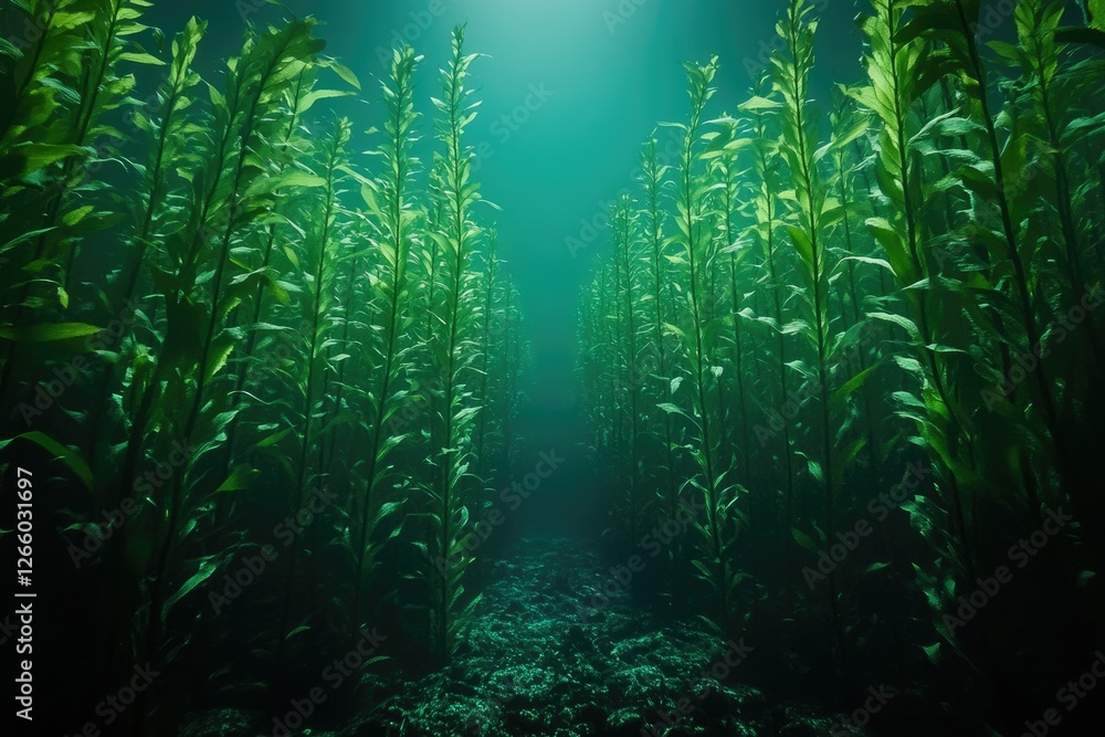Aufkleber An underwater scene showcasing a dense kelp forest, creating a path-like effect with sunlight filtering from above.