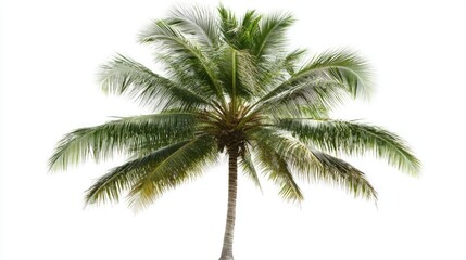 Fototapeta premium A fully matured coconut tree with long arching fronds and a few coconuts, against a white background. No people, no text.