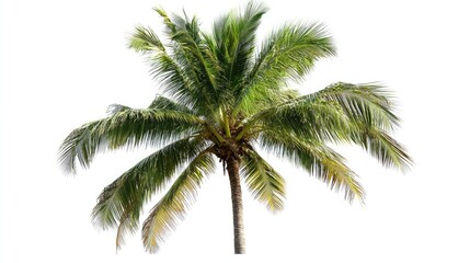 Fototapeta premium A fully matured coconut tree with long arching fronds and a few coconuts, against a white background. No people, no text.
