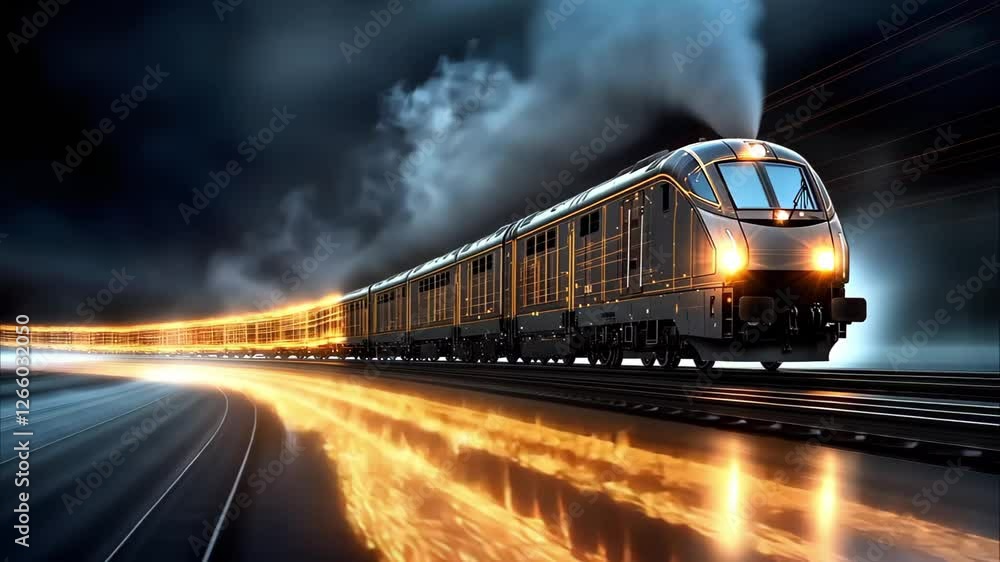 Aufkleber a speeding train emits steam and light, creating a dynamic and futuristic atmosphere against a dark 