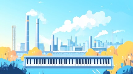 Obraz premium Industrial Landscape with Chimneys, Keyboard Flat Design