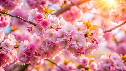 Pink Cherry Blossom Tree in Full Bloom, Springtime Japanese Garden