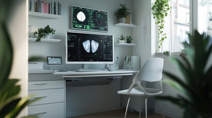 A futuristic ultrasound workstation featuring AI-enhanced imaging software.