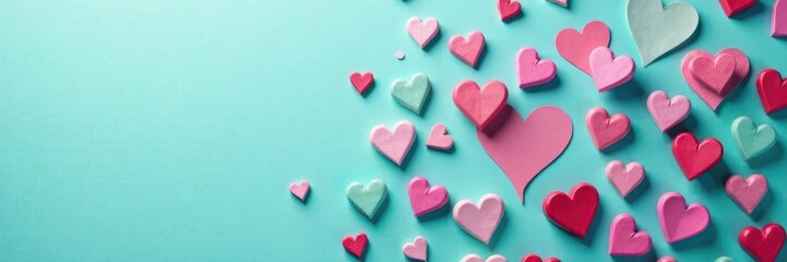 Fototapeta premium Pile of conversation hearts on turquoise backdrop, sweet treat, texture, festive