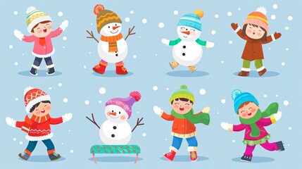 Fototapeta premium Children Winter Activities Isolated White Background