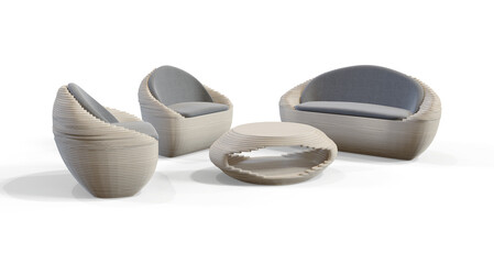 Gray\White sofa and chairs, coffee table set isolated premium realistic PNG on transparent...