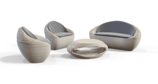 Gray\White sofa and chairs, coffee table set isolated premium realistic PNG on transparent background with shadow