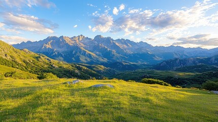 Obraz premium Mountain meadow at sunset, vast valley, scenic view