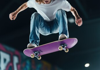 Dynamic skateboarder executing a high-flying trick in a colorful urban skatepark