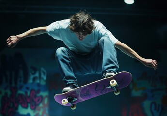 Dynamic skateboarder performs gravity-defying trick in urban graffiti-enriched skate park environment