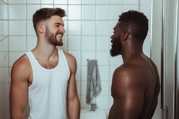 Joyful moments two friends sharing laughter and connection in a bright bathroom setting