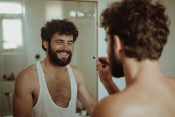 Confident man grooming in modern bathroom, smiling while applying beard oil for a fresh, stylish look