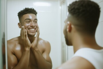 Confident young man grooming in bathroom mirror, emphasizing skincare routine and self-care with bright reflection