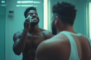Confident man refreshing his face in stylish bathroom mirror, emphasizing grooming routine and self-care lifestyle