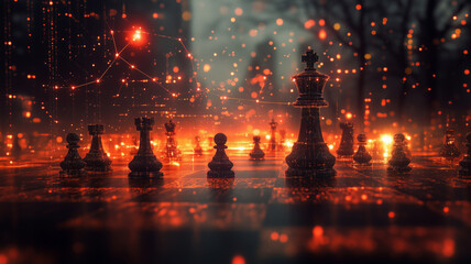 Strategic battle at a neural connection chess board in a dark fantasy world