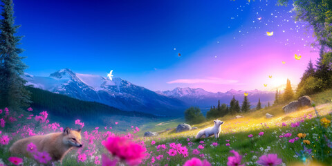 Fototapeta premium Fantasy inspired spring scene with snowy mountains, blooming flowers, butterflies, a white arctic fox, a red fox, and a white bird flying, creating a vibrant and magical atmosphere