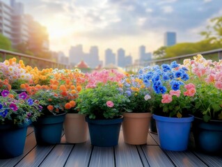Obraz premium Colorful potted flowers are blooming on an urban balcony in spring, creating a vibrant and cheerful atmosphere against a backdrop of city buildings and warm sunlight