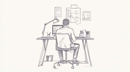 Programmer coding at desk, office background, project planning