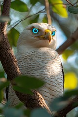 Close-up of a majestic hawk perched among green leaves, showcasing its striking blue eyes and detailed feather patterns
