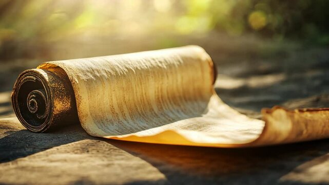 Ancient scroll resting on a stone surface illuminated by warm sunlight in a tranquil outdoor setting