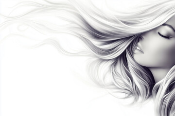High-contrast black and white beauty portrait with wind-swept hair.