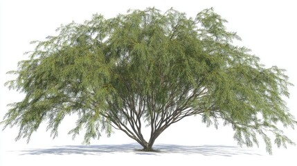 A lush mesquite tree with vibrant green leaves, isolated on a white background. No people, no text.