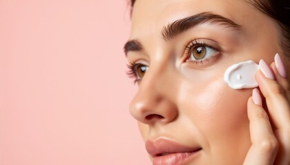 Young woman applying skincare cream on her face with a gentle smile in front of a pink background