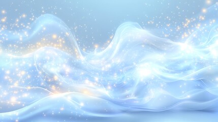 Obraz premium Elegant abstract background with soft flowing waves of light blue and white, sparkling with golden particles. A dreamy, magical visual perfect for winter, fantasy, or ethereal design themes.