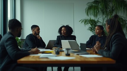 Strategic Discussion: A group of focused African American business professionals engage in a serious meeting around a large wooden conference table, laptops and documents scattered before them.