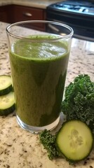 Green juice blend of kale spinach and celery in a clear glass with cucumber slices and parsley nearby on a white marble table