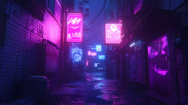 A calm urban alleyway with gently glowing neon advertisements. cozy vibe, generative ai. Haunted Neon Streets. Illustration