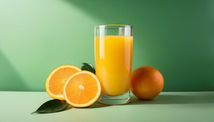 淡いパステルグリーンの背景に映えるオレンジジュース、爽やかな朝のはじまりを感じるシンプルな瞬間
