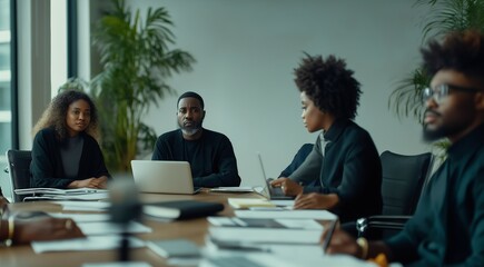 Obraz premium Teamwork and Collaboration: A diverse team of business professionals engage in a productive discussion around a conference table in a modern office setting.