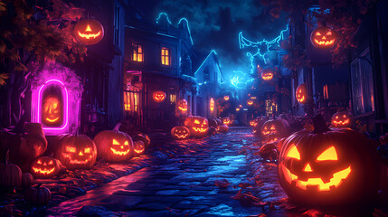 A dark, spooky street scene illuminated by eerie neon lights and carved pumpkins, perfect for halloween-themed projects. Haunted Neon Streets. Illustration