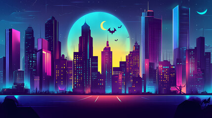 A futuristic vampire city on halloween, with haunted skyscrapers and neon lights casting eerie shadows across the streets. Haunted Neon Streets. Illustration