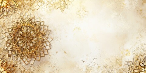 An intricate Islamic pattern in gold tones on a textured light background, creating an elegant and abstract design