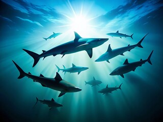 Obraz premium Powerful Shark Silhouettes Swimming, Dramatic Ocean Wildlife Stock Photo