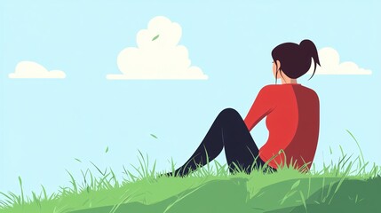 Lonely Businesswoman Relaxing on Grassy Ground